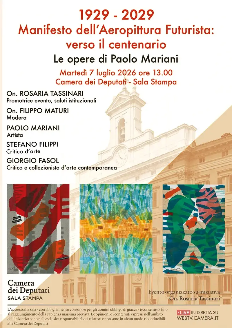 Locandina ufficiale della presentazione delle opere di Paolo Mariani in occasione del centenario dell’Aeropittura Futurista